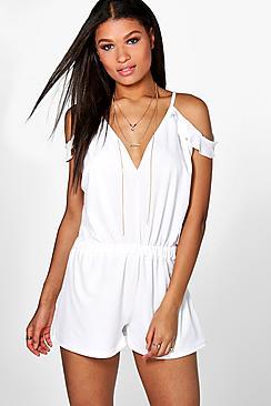 Boohoo Jen Open Shoulder Ruffle Playsuit