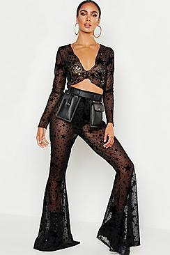 Boohoo Flock Mesh Star Print Flare Trouser