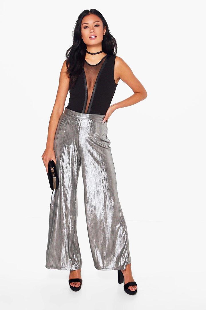 Boohoo Nova Metallic Wide Leg Trousers Silver