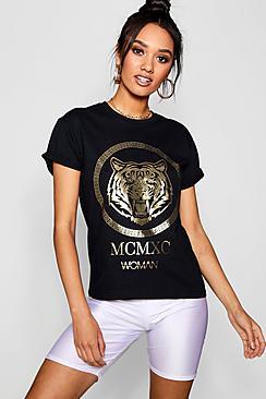 Boohoo Petite Cathy Woman Foil Print Slogan Tee
