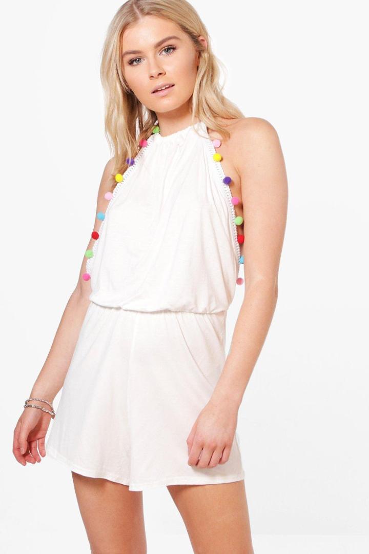 Boohoo Amy Pom Pom Trim Halter Neck Playsuit White