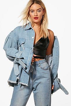 Boohoo Fern Longline Tie Sleeve Distressed Denim Jacket
