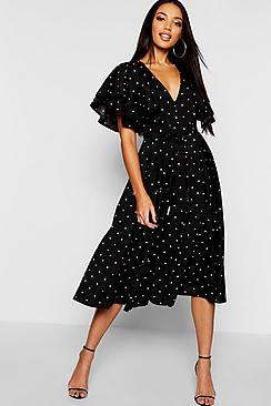 Boohoo Mini Polka Dot Ruffle Angel Sleeve Midi Dress