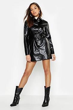 Boohoo Pu Belted Shirt Blazer Dress
