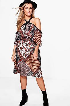 Boohoo Plus Freya Open Shoulder Printed Dress