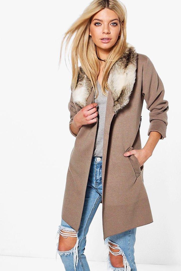 Boohoo Eliza Faux Fur Collar Wool Look Coat Mocha