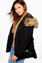 Boohoo Ruby Belted Quilted Jacket With Faux Fur Hood Black
