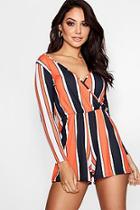 Boohoo Anna Wide Stripe Wrap Front Long Sleeve Playsuit