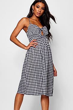 Boohoo Gingham Tie Front Cotton Mix Midi Dress