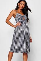 Boohoo Gingham Tie Front Cotton Mix Midi Dress