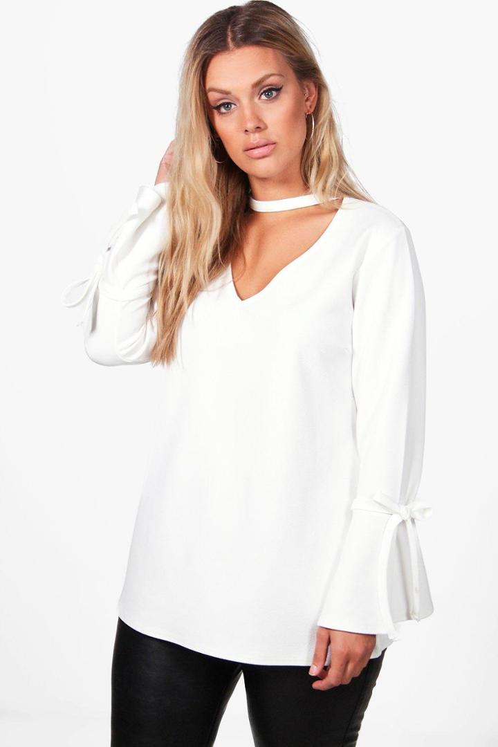 Boohoo Plus Lola Plunge Neck Crepe Tie Sleeve Top Ivory