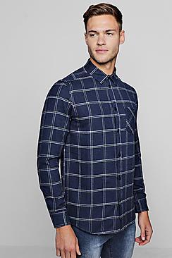 Boohoo Long Sleeve Navy Window Pane Check Shirt