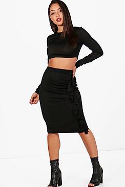 Boohoo Lo Ribbed Crop Top And Ruffle Midi Skirt Set
