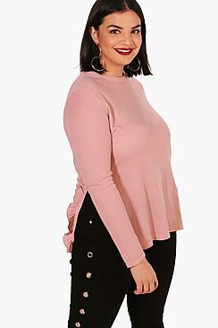 Boohoo Plus Katie Ruffle Side Split Ribbed Jumper