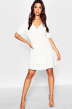 Boohoo Grid Check Zip Through Puff Sleeve Shift Dress