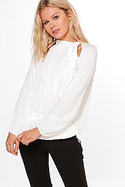 Boohoo Jennifer Tie Neck Woven Blouse