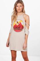 Boohoo Petite Claire Cut Out Shoulder T-shirt Dress Stone