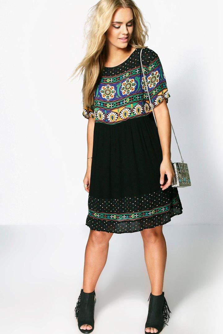 Boohoo Plus Katie Retro Print Smock Dress Black