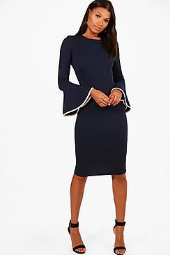 Boohoo Flared Sleeve Contrast Tipping Midi Dress