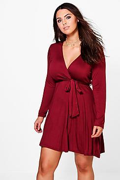 Boohoo Plus Wrap Tie Skater Dress