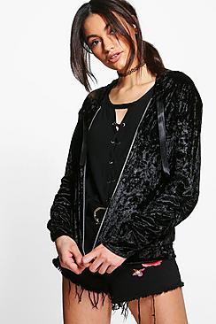 Boohoo Laura Hooded Velvet Ruched Sleeve Bomber