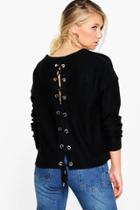 Boohoo Emma Eyelet Lace Up Jumper Black
