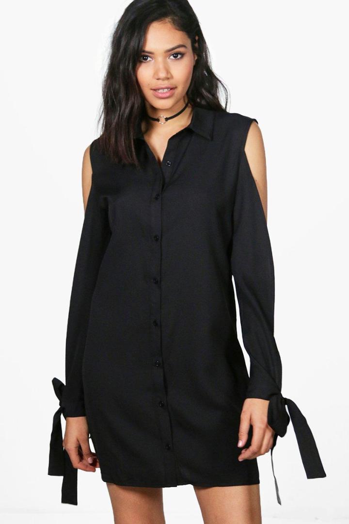 Boohoo Sarah Cold Shoulder Tie Sleeve Shirt Dress Black