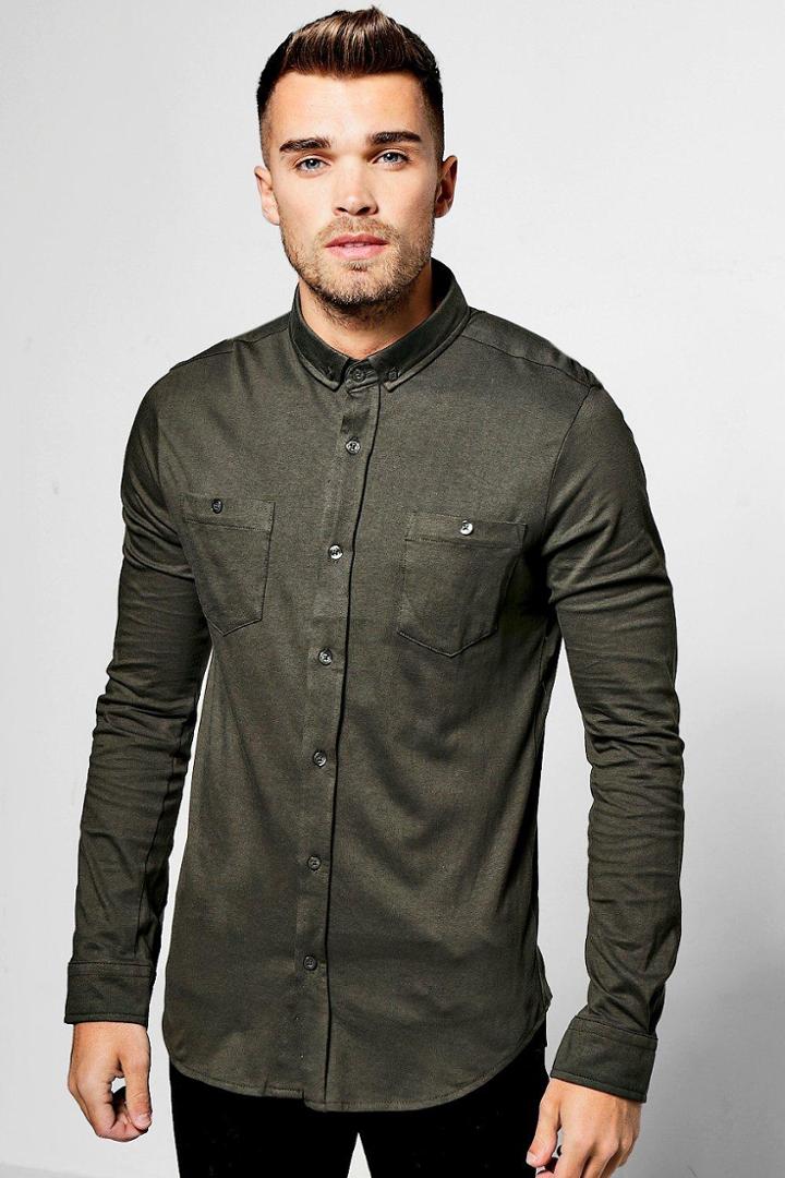 Boohoo Khaki Long Sleeve Chest Pocket Jersey Shirt Khaki