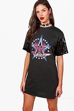 Boohoo Sequin Sleeve Printed T-shirt Dress