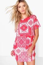 Boohoo Arianne Scarf Print Cap Sleeve Shift Dress Red