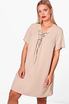 Boohoo Plus Millie Trim Detail Lace Up Shift Dress