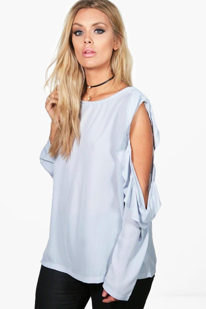 Boohoo Plus Violet Open Shoulder Frill Top Grey