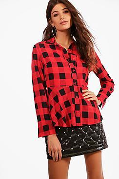 Boohoo Eliza Peplum Check Crop Shirt