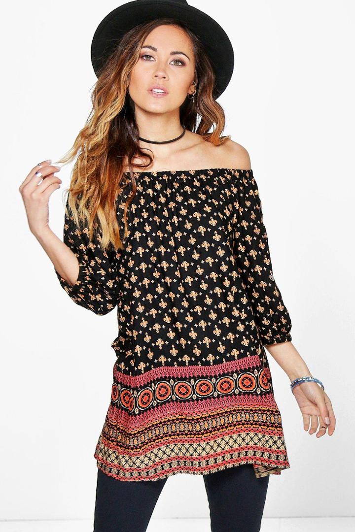 Boohoo Faith Printed Woven Off The Shoulder Top Multi