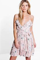 Boohoo Cassie Floral Ruffle Skater Dress Nude