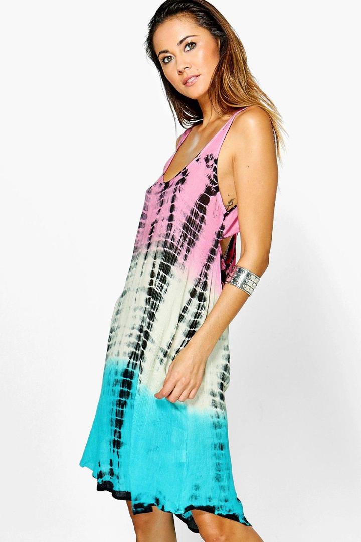 Boohoo Megan Tie Dye Twist Back Beach Dress Multi