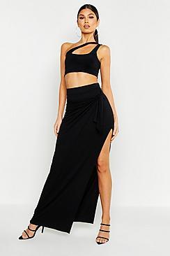 Boohoo Tie Side Wrap Front Side Stripe Maxi Skirt
