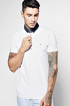 Boohoo Polo T Shirt With Denim Collar