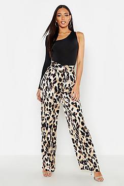 Boohoo Satin Leopard Belted Wide Leg Trousers