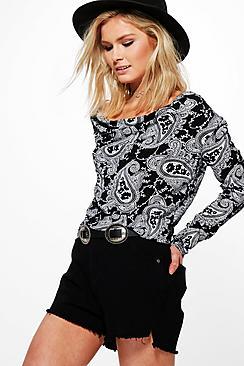 Boohoo Jasmin Paisley Print Cowl Front Crop