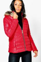 Boohoo Sarah Faux Fur Hood Quilted Jacket Red