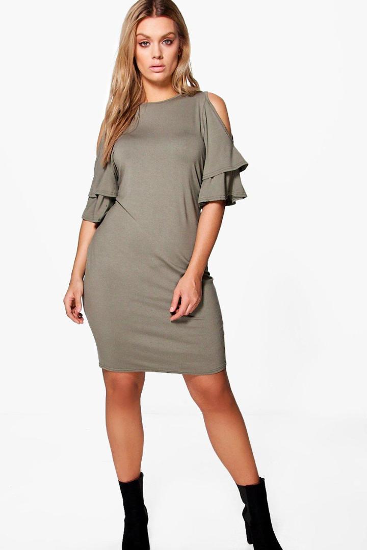Boohoo Plus Kelly Ruffle Open Shoulder Bodycon Dress Khaki