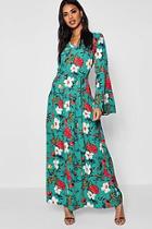 Boohoo Frey Floral Print Wide Sleeve Belted Maxi Dress