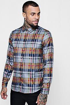 Boohoo Blue And Orange Check Long Sleeve Shirt