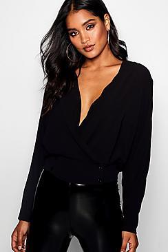 Boohoo Karla Wrap Button Hem Detail Blouse