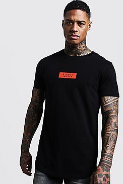 Boohoo Orange Man Box Logo Longline Curved Hem T-shirt