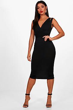 Boohoo Leah Seam Detail V Neck Bodycon Midi Dress