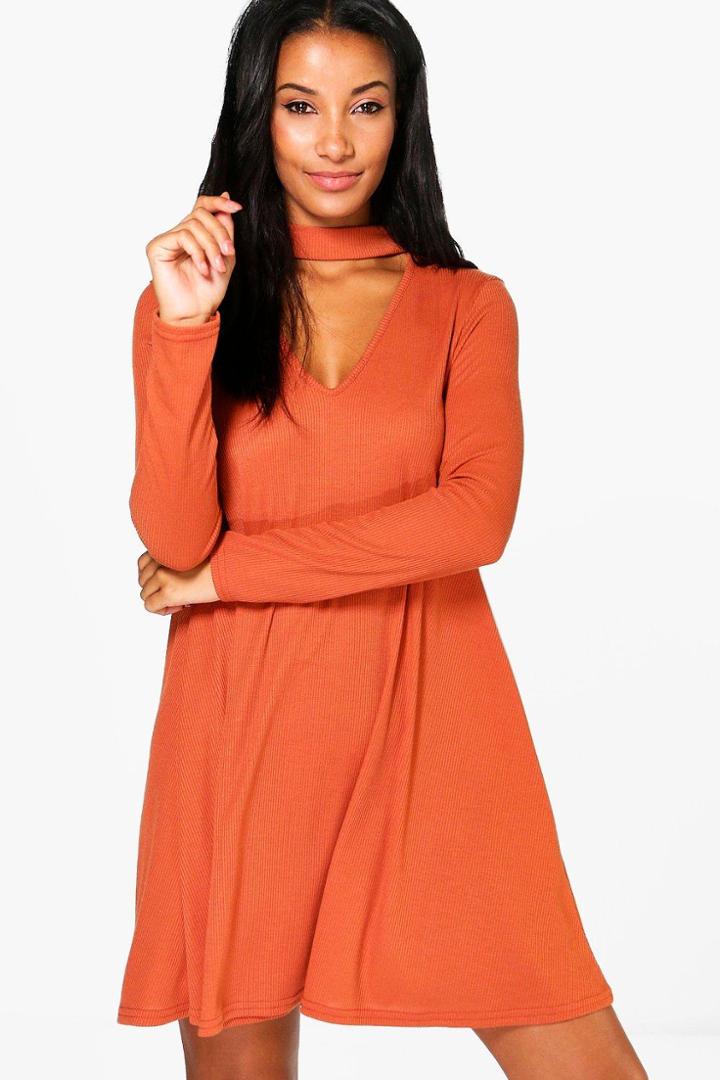Boohoo Eloise Choker Rib Knit Swing Dress Amber