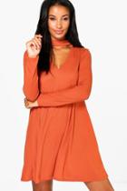 Boohoo Eloise Choker Rib Knit Swing Dress Amber