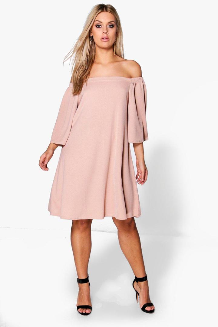 Boohoo Plus Maya Off The Shoulder Swing Dress Sand